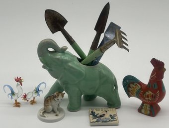 6 Pcs - Vintage Zen Garden Tools In Ceramic Elephant, 6' X 2.5' X 7.5'H, 2-Glass Roosters, Chicken & Cat
