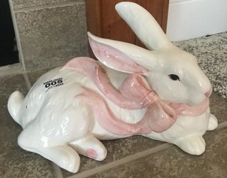 Beautiful Elegant Ceramic White Bunny With Pink Bow, 12' X 6' X 7'