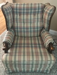 Colonial Style Plain Upholstered Wing Back Arm Chair With Wood Arms & Accents & Arm Sleeves, 32' X 34.5 X 36'H