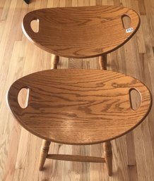 Matching Pair Low Curved Oak Swivel Stools With Handles On Turned Legs, 22' X 13' X 25'