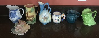 7 Pcs Vintage Pitchers & Plate - Including Majolica, Lime Green Owl, Blue & White, Turquoise Glass Pitcher