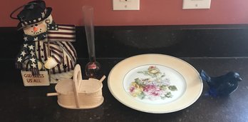 5 Pcs - Patriot Snowman, Fenton Bluebird, Treenware Salt & Pepper, Plate & Hand Blown Bud Vase