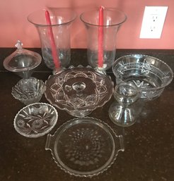 9 Pcs Clear Glass . Cake Plate, Footed Candy Dish, Candlesticks, Covered Footed Candy Dish, Etched Hurricane