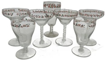 7 Pcs Vintage Stemmed Glassware With Matching Rose Chain Rim Boarder, 3 Sizes, Tallest 6.25'H