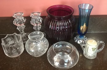 8 Pcs Glass - 1 Purple Vase & 1 Light Blue Vase, 2 Crystal Candle Stick Holders, Misc Glass Pcs
