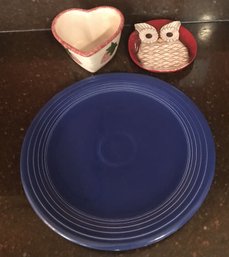 12' Blue Fiestaware Style Plate, Ceramic Owl Plate & Strawberry Spongeware Heart Crock