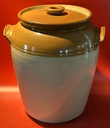 Exceptional Large Antique Glazed Hand Turned Stoneware Crock With Applied Handled & Lidded (With Vent Hole)