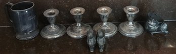 8 Pcs Metal - 4 Silver Plated Candle Sticks, Mug, 2 Cupie Doll Napkin Rings, & Victorian Toothpick Holder