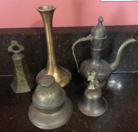 5 Pcs Vintage Brass, 3 Bells, Vase, Sm Ewer