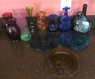 12 Pcs Assorted Glass, 2 Presidential, Turquoise Plate, Amber Glass Owl Candle Holder, Painted Btl & Others