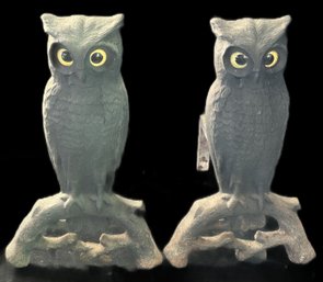 Pair Of American Cast Iron Perched Owl Andirons, Original Glass Eyes, Boston, C. 1890, 9.5' X 16' X 15'H