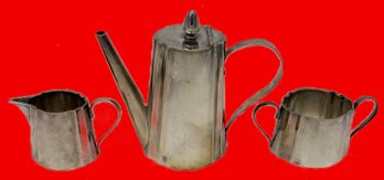 3 Pcs Vintage Art Deco Silver Plate Tea Pot, 5'H, Creamer & Sugar