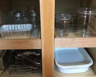 Various Glass Pie Dishes, Ceramic Baking Pans, Cooling Racks, & Mason Jars