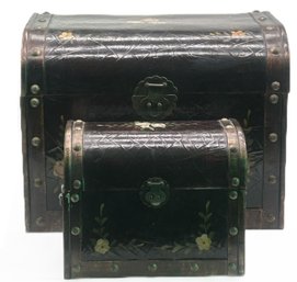 2 Pcs Graduated Decorator Hand Painted Storage Trunks, Brass Nail Heads & Handles, Largest 23' X 15.75' X 18'H