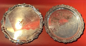 2 Pcs Vintage Silver Plate Round Serving Trays, 1- Engraved 14.5' Diam.
