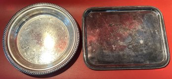 2 Pcs Vintage Silver Plate Rectangular And PRYEX Glass Lined Round, 11-7/8' Diam., Serving Trays