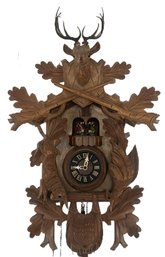 Nice Vintage Made In Germany Well Carved Cuckoo Clock, With Pendulum & 5 Bronze Pinecone Weights