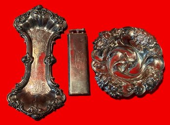 3 Pcs Vintage Silver Plate, Monogrammed Lighter5-5/8, Wick Trimmer Under Tray & Repousse Nut Dish