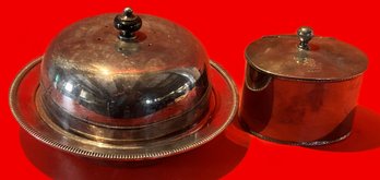2 Pcs Vintage Silver Plate Oval Hinged Tea Canister & Covered Cheese Server, 8' Diam. X 5'H