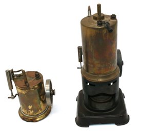 Two Upright Brass Steam Engines - One Is 8.5' Tall On A Base - Other Is 4.5' High Small Base