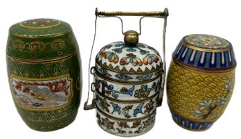 3 Pcs Nice Heavy Japanese Cloisonne On Brass Covered Jars, 3-Section With Brass Closure, 3'H