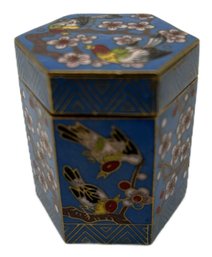 Exquisite Vintage Japanese Hexagon Cloisonne Lidded Container With Brass Cartouche On Bottom, 2'H