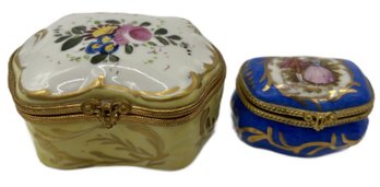 2 Pcs Vintage Miniature French Porcelain With Omalu Trinket Boxes, Largest 3' X 2.25 X 1-5/8'H
