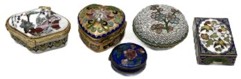 5 Pcs Miniature Japanese 4-Cloisonne Pill Boxes & 1-Porcelain