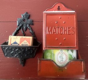2 Pcs Wall Mount Match Holders, 1-Black Cast Iron & 1-Red Tin Stamped MNFD By P.N. Co.