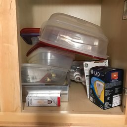 Cabinet - Plastic Storage Containers, Light Bulbs, Baking Dish & Gotham Steel Fryer