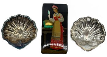 3 Pcs Exquisite Hand Painted Russian Hinged Box, 2' X 4' X 1.25'H With Cert Of Authenticity & 2 Small Silver P