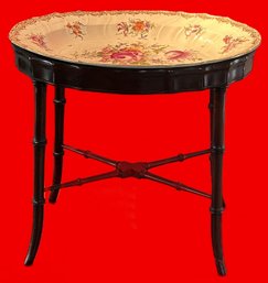 19thC Chinese Export Large Floral Porcelain Serving Platter On Mahogany Faux Bamboo Stand, 19.5' X 15' X 18'H