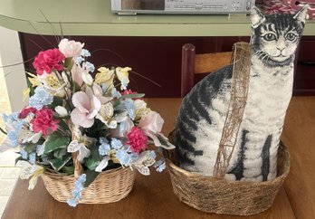 Vintage Stuffed Sitting Cat Pillow (15'H) And Silk Floral Arrangement In Baskets