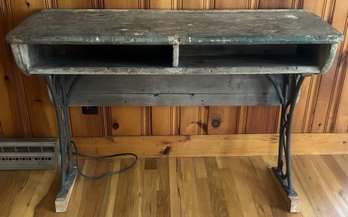 Antique Two-Person School Desk In Original Green Paint On Cast Iron Base, 43' X 16 'x 28.5''
