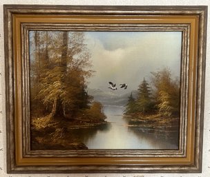 20thC Oil On Canvas Painting Of Geese Flying Over Lake With Mountains, Signed BOND, 26.5' X 22.5'H