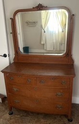 Nice Antique 2-Over-2 Oak Dresser On Metal Castors With Attached Beveled Mirror, 44' X 20' 33'H (70.5' Mirror)