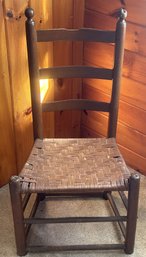 Sturdy, Antique Low Ladder Back Side Chair With Nice Woven Seat, 19' X 14' X 16'H (Seat) X 37'H