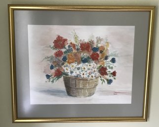 Gold Framed Water Color Of Floral Basket, Signed Eager, 20' X 17'H