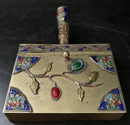 Early 20thC Chinese Enameled Brass Crumb Catcher With Inset Jade & Carnelian Cabochons, 4.75' X 6.5'L