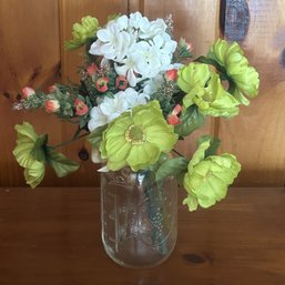 Bright & Cheery Silk Arrangement, Chartreuse Poppies, White Hydrangea & Reddish Flower In Glass Jar, 13'H