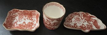 3 Pcs Vintage Royal Crown Derby 'Red Aves' Bathroom Set, Cup, Soap Dish, 3.75' X 3' X 1'D, & Ring Dish