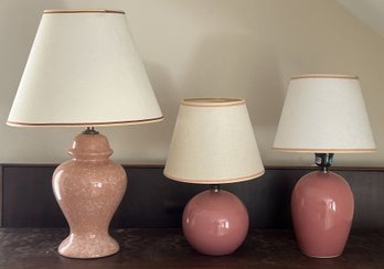 3 Pcs Similar Decorator Ceramic Lamps In Mauve, Tallest 12' Diam X 19'H