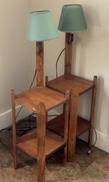 Vintage Pair Of Bench Made Matching Side Tables With Attached Light, 12' SQ X 22' X 43'H