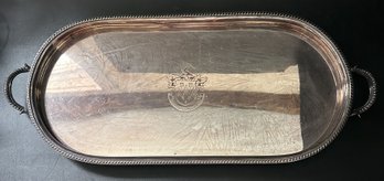 Large Vintage Oval Silver Plate Serving Tray With Handles And Footed & Engraved With A Family Crest, 26' X 10.