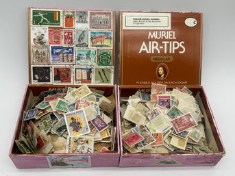 2  Pcs Muriel Air-Tips Stamp Decorated Cigar Boxes Filled With Hundreds Of Mostly Foreign Postage Stamps