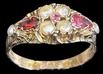 Antique 10kt Ring With Natural Garnets & Pearls In Yellow Gold, Stamped 375 On Shank Total Weight .88 Dwt