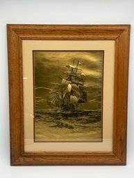 Vintage Matted & Framed Gold Etching Of Sail Ship In Rough Seas, Nice Oak Frame, 20.5' X 2475'H