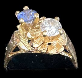Vintage 18kt Yellow Gold Ring With Clear & Blue Stones, Size 5.5, Total Weight 2.33 Dwt