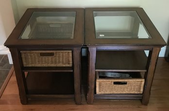 2 Pcs -Wooden End Tables, Shelf, Glass Insert Tops With Wicker Storage Basket, 26' 22' X 24'H