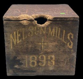 Antique Wooden Crate Stenciled 'NELSON MILLS 1893', 13' X 11' X 11.75', Nice Patina And Rat Holes